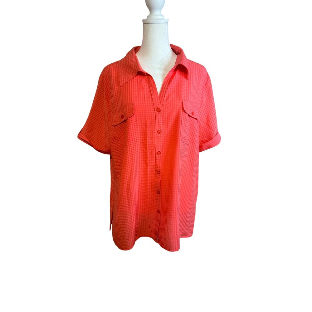 Notations women’s peach short-sleeve button-up shirt subtle grid pattern XL